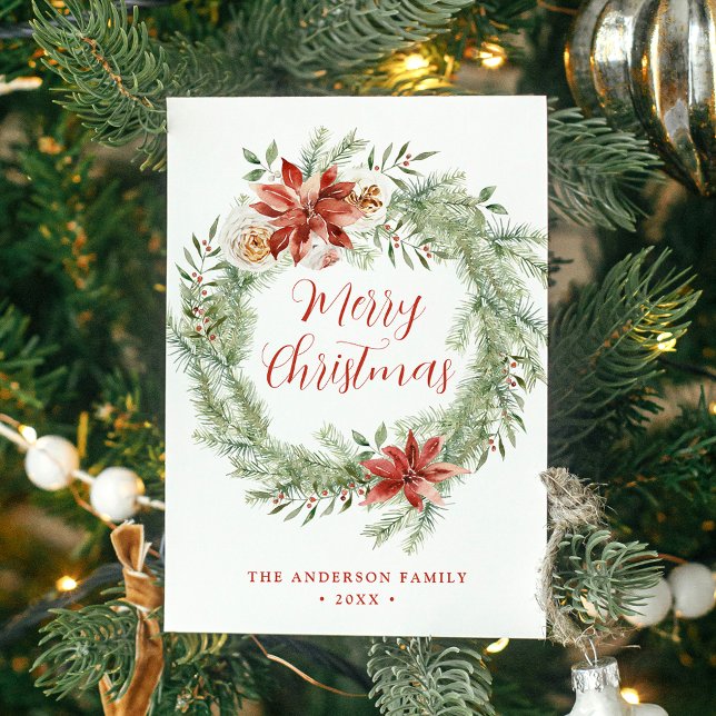 Cartão De Festividades Elegante Poinsettias e Greenery Não Foto (Criador carregado)