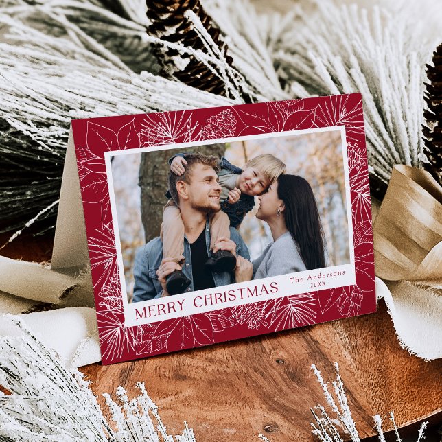 Cartão De Festividades Elegante Poinsettias e Pinecones Cranberry Foto (Criador carregado)