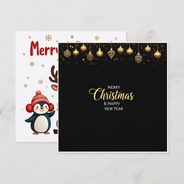 Cartão De Festividades Elegante Preto e Dourado Feliz Natal e Ano Novo (Frente/Verso)