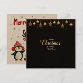 Cartão De Festividades Elegante Preto e Dourado Feliz Natal e Ano Novo