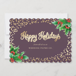 Cartão De Festividades Elegante Purple Watercolor Holly Berries Business