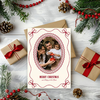 Cartão De Festividades Elegante Quadro de Foto com Laço Vintage Feliz Nat