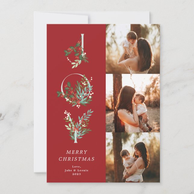 Cartão De Festividades Elegante Red Christmas Botanic JOY 3 Foto (Frente)