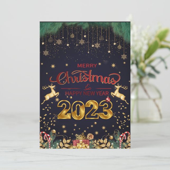 Cartão De Festividades Elegante Red E Dourado Feliz Natal 2023 (Em pé/Frente)