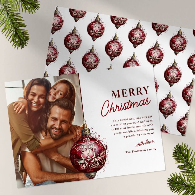 Cartão De Festividades Elegante Red Ornament Foto Natal (Criador carregado)