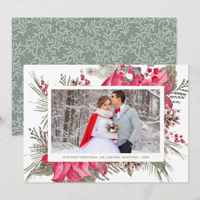 Cartão De Festividades Elegante Red Poinsettia Foto de Nosso Primeiro Nat (Frente/Verso)