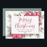 Cartão De Festividades Elegante Red Poinsettia Holly Christmas<br><div class="desc">A design de cor da água elegante e tradicional apresenta uma poinsettia vermelha,  sagrada e baga e galinha de pinheiro verde de inverno. A caligrafia cria um cartões de natal clássico.</div>