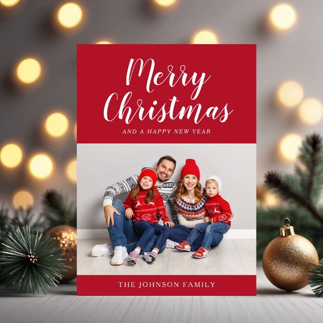 Cartão De Festividades Elegante Red Script One Photo Christmas (Elegant Red Script One Photo Christmas Holiday Card)