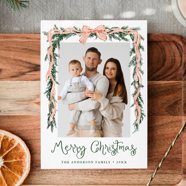 Cartão De Festividades Elegante Red Striped Arco Greenery 4 Foto (Criador carregado)