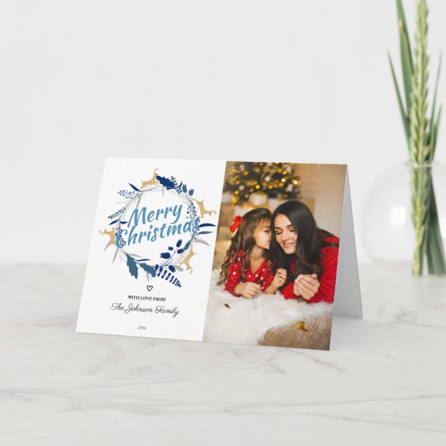 Cartão De Festividades Elegante Reindeer Floral Christmas Wreath Photo (Frente)