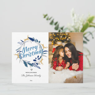 Cartão De Festividades Elegante Reindeer Floral Christmas Wreath Photo Ho