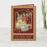 Cartão De Festividades Elegante Religioso Bebê Jesus Angels de Natal<br><div class="desc">Apresentando uma bela e personalizada imagem religiosa tradicional de Natal do Bebê Jesus em uma mangueira serenada por anjos. Um borda estrelado a ouro acentua o fundo.</div>