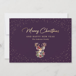 Cartão De Festividades Elegante Roxo Dourado Reindeer Feliz Natal