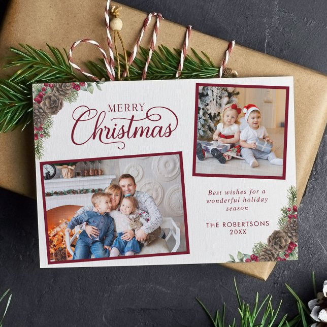 Cartão De Festividades Elegante Script 2 Photo Pine Cones Feliz Natal (Criador carregado)