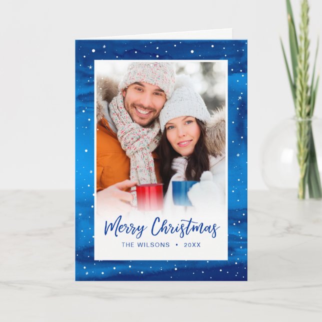 Cartão De Festividades Elegante Script Blue Snow Merry Photo (Frente)