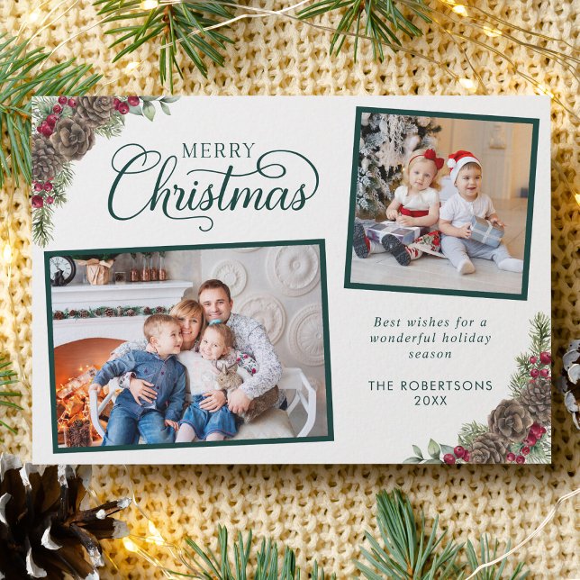 Cartão De Festividades Elegante Script Botânico 2 Foto de Natal Verde (Criador carregado)