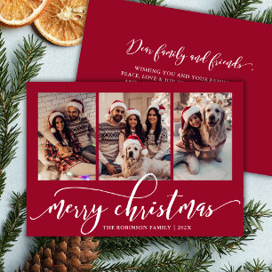 Cartão De Festividades Elegante Script Chic 3 Colagem de Fotos Natal Verm