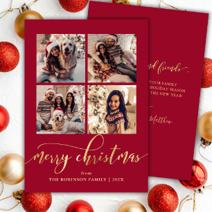 Cartão De Festividades Elegante Script Gold 4 Colagem de Fotos Vermelho N
