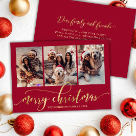 Cartão De Festividades Elegante Script Gold Vermelho 3 Foto Colagem Natal