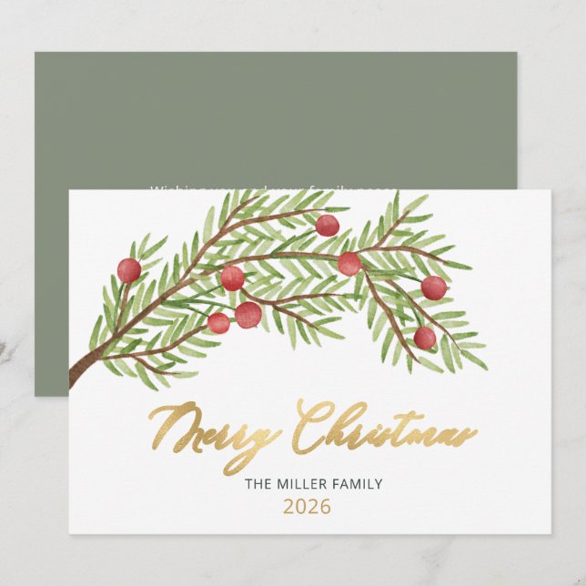 Cartão De Festividades Elegante Script Greenery Red Berries Natal (Frente/Verso)