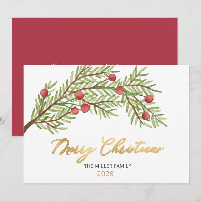 Cartão De Festividades Elegante Script Greenery Red Berries Natal (Frente/Verso)