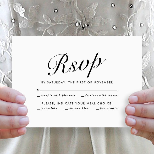 Cartão De Festividades Elegante Script Moderno Preto e Branco Escolha de  (Elegant Modern Script Black + White Wedding Meal Choice RSVP Card)