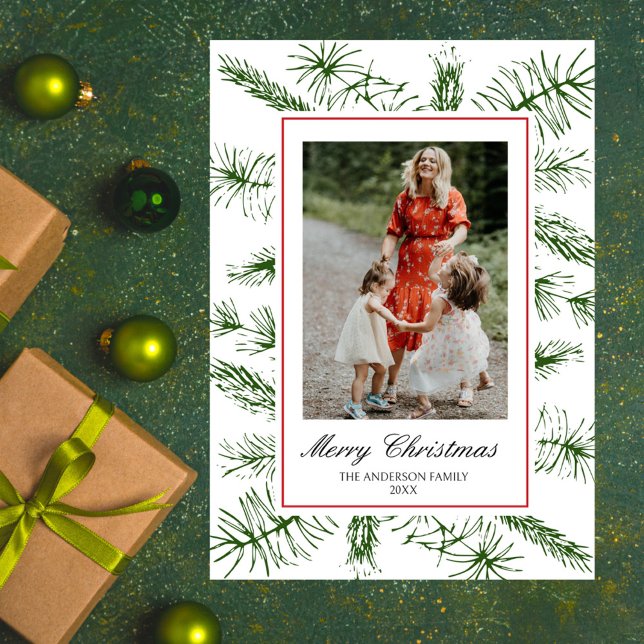 Cartão De Festividades Elegante Script Pinho Rústico Boho Foto Natal (Rustic Pine Boho Elegant Script Christmas Card)