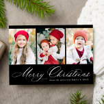 Cartão De Festividades Elegante - Script Preto Feliz Natal 3 Foto<br><div class="desc">Cartão de Natal simples com três fotos verticais e "Feliz Natal", apresentado num roteiro festivo de caligrafia branca sobre fundo preto. Personalize a frente do cartão de Natal multifoto com seu nome de família e o ano. A placa se reverte para exibir um padrão moderno de xadrez preto e branco....</div>