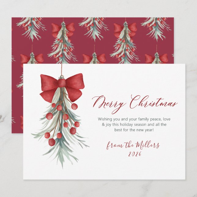 Cartão De Festividades Elegante Script Red Berries Greenery Natal (Frente/Verso)