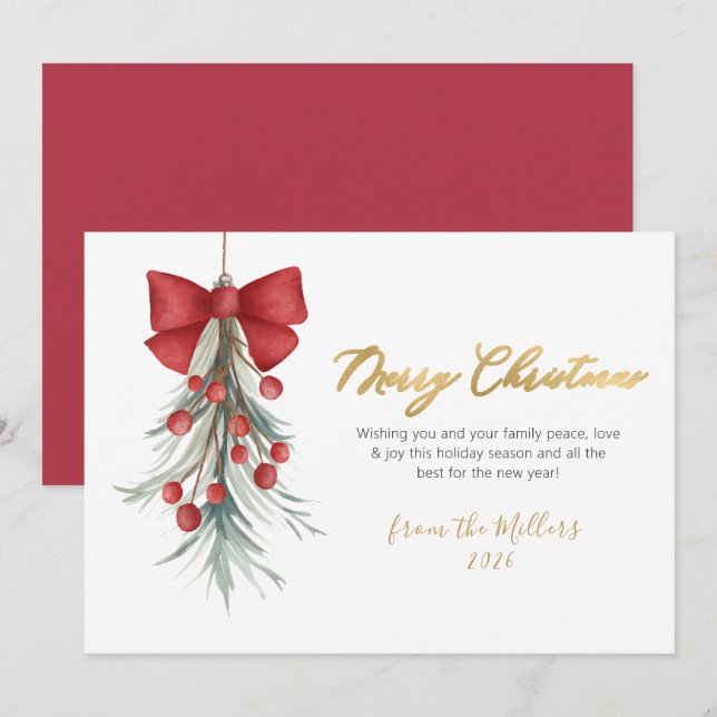 Cartão De Festividades Elegante Script Red Berries Greenery Natal (Frente/Verso)