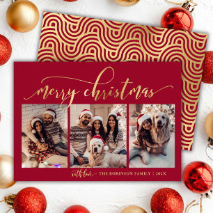 Cartão De Festividades Elegante Script Vermelho e Dourado 3 fotos Natal 