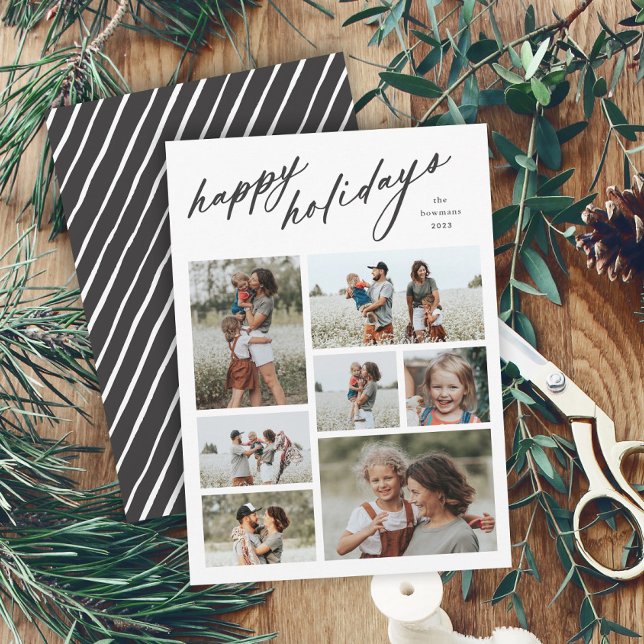 Cartão De Festividades Elegante Scriptografia de Feliz Férias 7 Foto  (Minimal script happy holidays black and white multi photo collage holiday card with stripe back.)