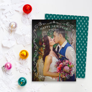 Cartão De Festividades Elegante Scrolls Feliz ano novo Teal Green Foto