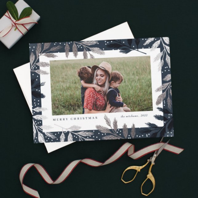 Cartão De Festividades Elegante Silver Branches 3 Foto Natal (Criador carregado)