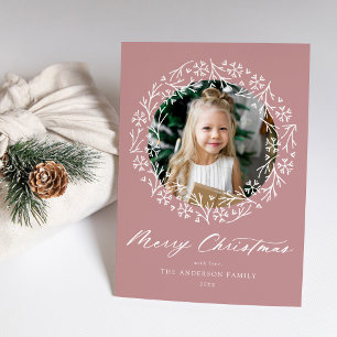 Cartão De Festividades Elegante Snowflake Wreath Dusty Foto de Rosa