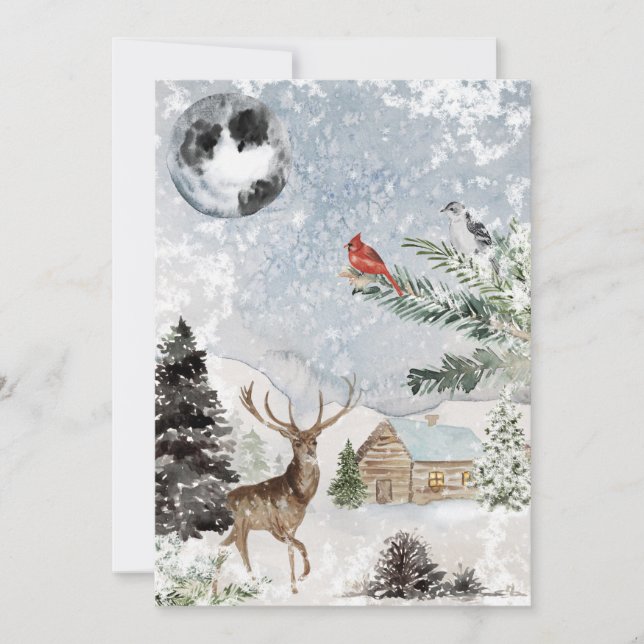Cartão De Festividades Elegante Snowy Winter Wonderland Deer Cardinal (Frente)