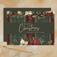 Elegante Tartan Xadrez Poinsettias Feliz Natal