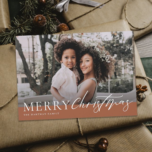 Cartão De Festividades Elegante Terracotta Feliz Foto Floral de Natal (Criador carregado)