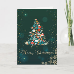 Cartão De Festividades Elegante Verde,Árvore de Natal Colorida,Flocos de