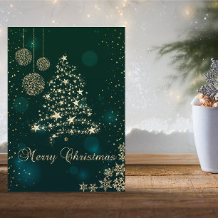 Cartão De Festividades Elegante Verde,Árvore de Natal em Ouro Falso,Floco