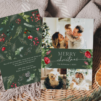 Cartão De Festividades Elegante Verde Botânico 3 Foto Feliz Natal