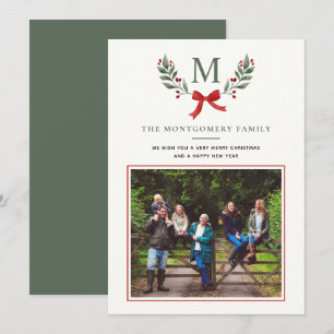 Cartão De Festividades Elegante Verde Botânico Holly Family Foto Flat