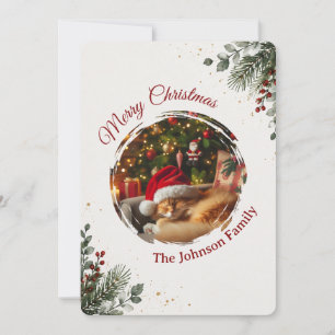Cartão De Festividades Elegante Verde de Natal em Aquarela com Bagas Verm