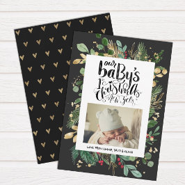 Cartão De Festividades Elegante Verde Dourado Berry Baby Primeiro Natal