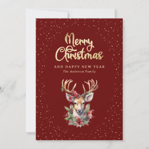 Cartão De Festividades Elegante Vermelho Dourado Aquarela Neve