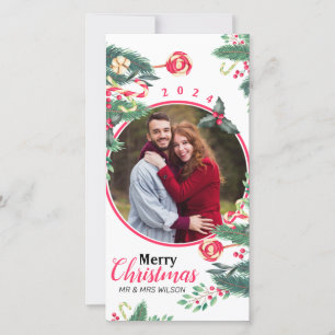 Cartão De Festividades Elegante Watercolor Foto do Casal de Natal Feliz