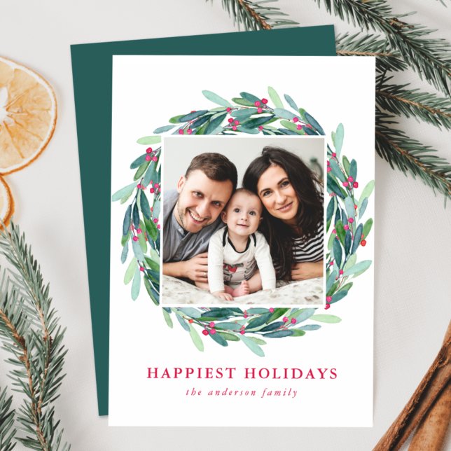 Cartão De Festividades Elegante Watercolor Holly Berry Wreath Foto (Criador carregado)