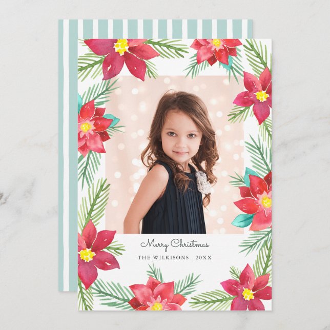 Cartão De Festividades Elegante Watercolor Poinsettias Foto de Natal (Frente/Verso)
