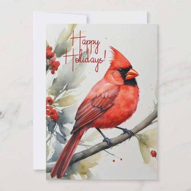 Cartão De Festividades Elegante Watercolor Red Cardinal Holly Natal (Frente)