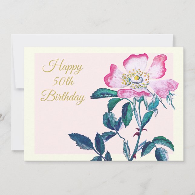 Cartão De Festividades Elegante Watercolor Wild Rosa 50th Birthday (Frente)